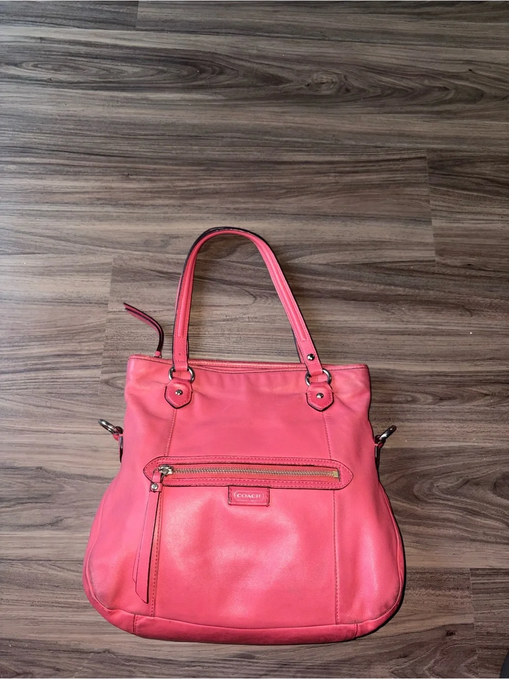 Coach Coral-Pink Leather Shoulder Tote Fair Condition